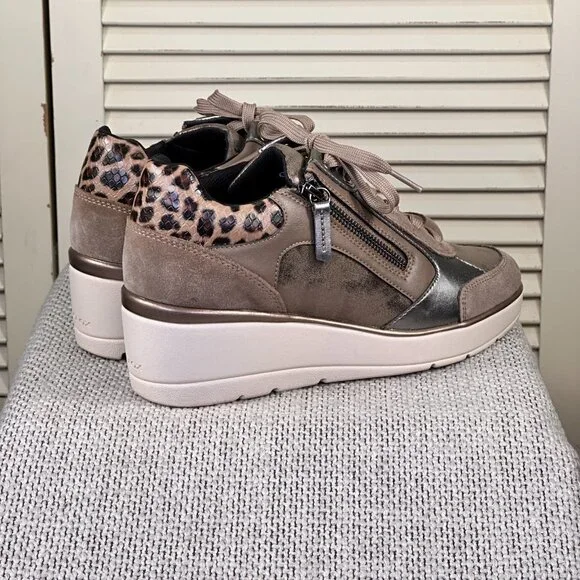 Geox Respira Ilde Dark Taupe Leopard Heeled Wedge Sneakers Italian Womens Size 9 - Picture 3 of 8
